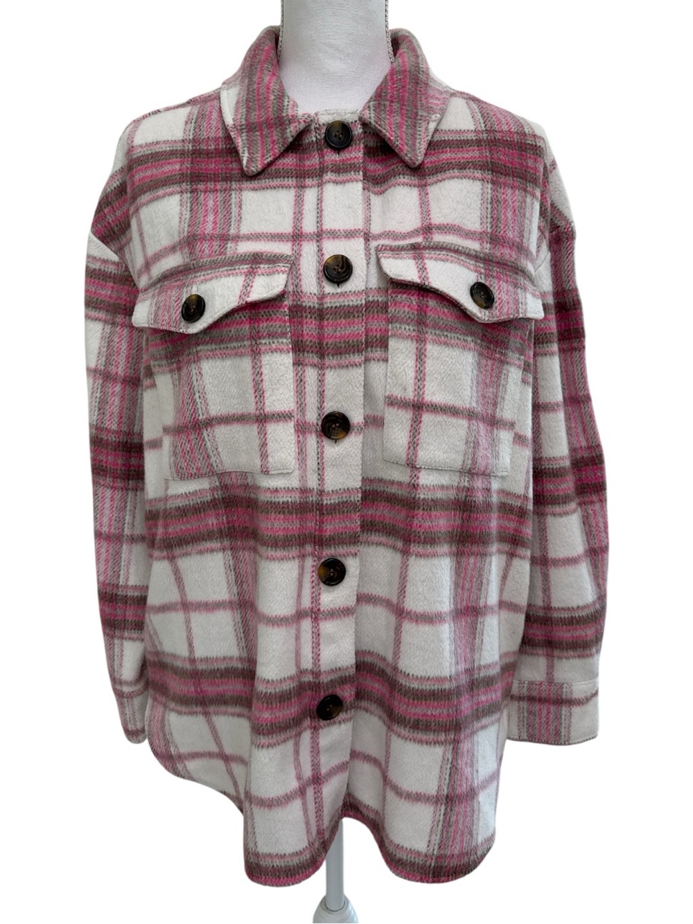 BP. Pink and Cream Plaid Button-Front Shacket Size M